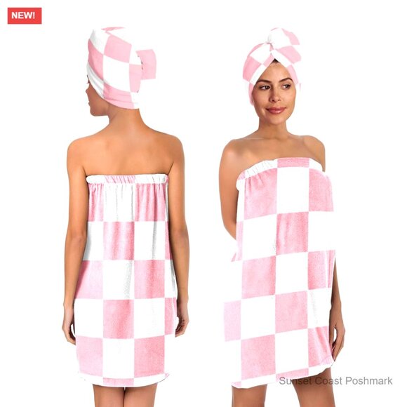 Checkered Spa Robe Set with Hair Turban Soft Microfiber Oversized Lounge Wear